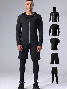 5pcs/Set Boyfriend Style Men's Sporting Suit, Quick-Dry Fitness Clothes For Spring Running, Basketball, Compression Shirts & Training Clothes Gym Clothes Boyfriend Style Men, Athletic Suit, Tracksuit Boyfriend Style Men Shorts Set Black   Long Sleeve,Short Sleeve Knitted Fabric Plain  High Stretch  Men Activewear, size features are:Bust: ,Length: ,Sleeve Length: Black Sportswear For Training, Mens Gym Wear Workout Gear, Dark Gym Outfit Men, Sports Wear, Men's Workout Clothes Gymshark, Black Sportswear T-shirt For Training, Men's Activewear, Tracksuit Men, Gym Outfit Men