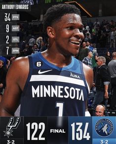 the minnesota basketball player is smiling for his team's photo on the scoreboard