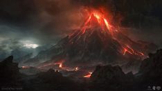 the volcano is glowing red as it erupts lava into the night sky in this fantasy scene