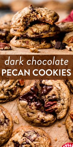 chocolate pecan cookies stacked on top of each other with text overlay that reads dark chocolate pecan cookies