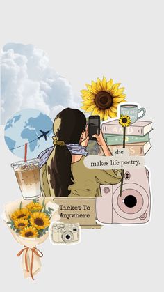 a woman sitting on top of a chair next to a yellow sunflower and books