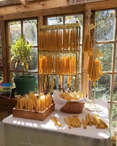 corn on the cob is displayed in front of an open window with potted plants