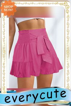 Rose Ruffle Hem Tie Waist Wide Leg Culotte Pink Ruffled Shorts For Beach, Feminine Solid Color Summer Bottoms, High-waisted Pink Ruffled Shorts, High Waist Pink Ruffled Shorts, High Waist Pink Shorts With Ruffles, Casual Pink Ruffled Shorts, Spring Pink Shorts, Pink Ruffle Hem Bottoms For Beach, Pink Ruffle Hem Beach Bottoms