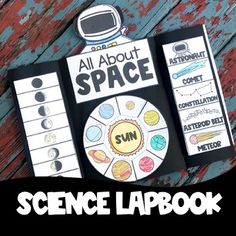 an all about space science lapbook on a wooden table with the title, all about space