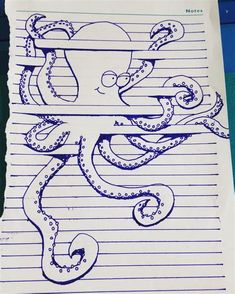 an octopus is drawn on lined paper with blue ink in the shape of a boat