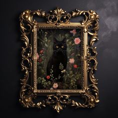 a black cat with yellow eyes is in a gold frame on the wall next to flowers