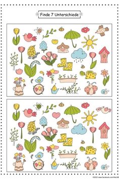 two pictures with different types of flowers and umbrellas in the same pattern, each one has