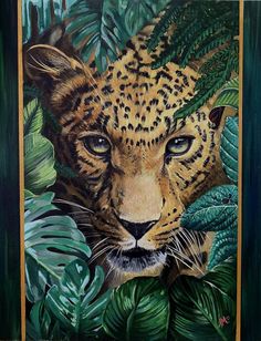 a painting of a leopard surrounded by green leaves