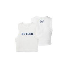 Butler University Bulldogs Cropped Tank Top  Flex in the Micro Rib Muscle Crop Tank equipped with deep armholes for elevated appeal and movement along with a fitted, 1x1 micro rib fabrication that takes comfort from good to great. This cropped, high-neck style inspired by 90s cut-offs takes the new age seriously with the finest fabrication and added feminine silhouette.  Features: Deep armholes. Cropped. 1x1 Micro Rib. Fitted. Stretch Fit. Pre-shrunk. Side-seamed. 5.4 oz./yd², 52/48 Airlume comb Casual Fitted T-shirt For Game Day, White Fitted T-shirt With Team Spirit, White Cotton Sporty Tank Top, Collegiate Summer Streetwear Tops, White Cotton Tank Top With Logo Print, Collegiate Cotton Tank Top For College, Fitted White T-shirt With Team Spirit Style, Fitted Tops For Game Day With Team Spirit, White Fitted T-shirt With Team Spirit Style