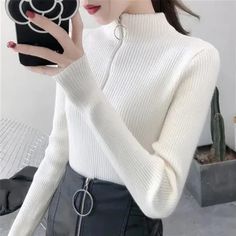 Knitted Women Zipper Half High Neck Sweater Pullovers SizeBust Size:76-100cm Length:56cm Sleeve Length:55cm Shoulder:26-42cmSize mearsured by ourselves,sometimes has some errors, but always within 3cm."- ": refers to the elastic range of the clothes. Winter Knit Tops With Zipper Closure, Winter Long Sleeve Tops With Zipper, Winter Long Sleeve Tops With Zipper Closure, Winter Stretch Sweater With Zipper Closure, Stretch Winter Sweater With Zipper Closure, Stretch Tops With Zipper Closure For Winter, Fitted Half-zip Sweater For Winter, White Half-zip Sweater With Zipper Closure, Stretch Sweater With Zipper Closure For Fall