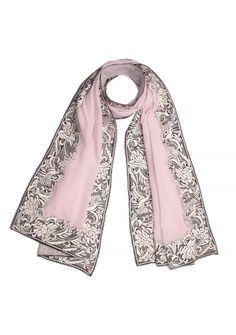 This luxurious baby pink cashmere scarf features a stunning inner border of a floral-bird embroidery in a contrasting beige color. Elevate your style by wrapping yourself with elegance, style, and warmth in this captivating scarf finished with a tiny contrasting black-colored lace edging. A perfect accessory for all occasions.