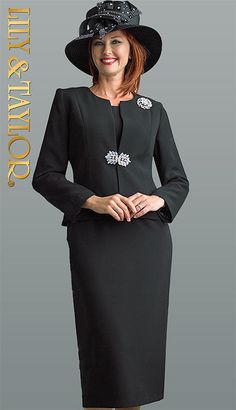 Introducing the exquisite Lily And Taylor 3052-BLK Church Suit, the epitome of sophistication and grace. This impeccably tailored suit is crafted from premium fabric, ensuring both comfort and durability. A seamless blend of traditional craftsmanship and modern style, this suit is a must-have for the discerning woman. The jacket boasts a smooth silhouette with clean lines that complement the natural contours of your body, while the added brooch accents on the lapel provide a touch of glamour. Th Suit Hat, Women Church Suits, Church Suits, Tailored Suit, Natural Contour, Navy Purple, Clean Lines, One Size Fits All, Modern Style