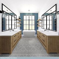 a large bathroom with two sinks, mirrors and a bathtub in the middle of it