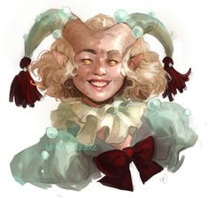 a drawing of a woman with blonde hair and horns on her head, smiling at the camera