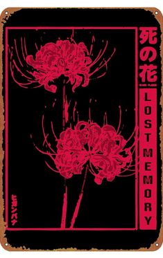 a red and black poster with flowers on it