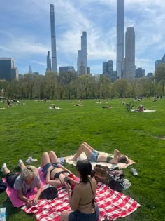 two women are laying on a blanket in the middle of a park with skyscrapers in the background