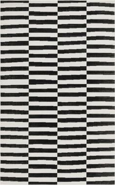 a black and white striped rug with vertical stripes on the bottom, in different sizes