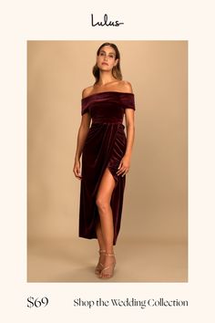 An evening of magic awaits you in the Lulus I'm Enchanted Burgundy Velvet Off-the-Shoulder Maxi Dress! This gorgeous stretch velvet maxi has a folded over off-the-shoulder neckline (with hidden no-slip strips) that continues into short sleeves. High, banded waist flows into an overlapped tulip maxi skirt. Hidden side zipper/clasp. Fit: This garment fits true to size. Length: Floor length. Size medium measures 49.5" from top to bottom. Bust: Great for any cup size. Waist: Fitted - very fitted at Nye Wedding, Green Velvet Dress, Velvet Maxi Dress, Velvet Maxi, Tulip Skirt, Christmas Family Photos, Burgundy Velvet, Stretch Velvet, Neutral Fashion