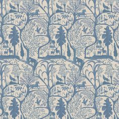 a blue and white wallpaper with trees and animals