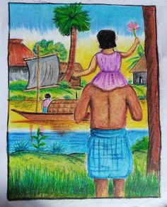 a drawing of a man carrying a woman on his back in front of the ocean