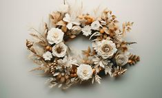 a wreath made out of dried flowers and leaves on a gray background with copy space