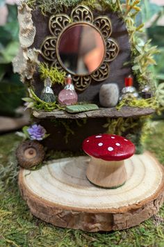 a miniature mushroom house with a mirror on it