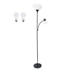 a black floor lamp with three white lamps on it and one light is turned off