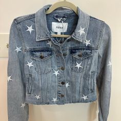 Brand New! Originally $138. Zodiac Wash. Slightly Cropped. Denim Jacket With Star Print, Denim Jacket With Star Print And Long Sleeves, Casual Star Print Denim Jacket, Spring Denim Outerwear With Star Print, Winter Denim Outerwear With Star Print, Fall Denim Jacket With Star Patch And Long Sleeves, Trendy Denim Jacket With Star Print, Denim Outerwear With Star Print For Spring, Trendy Denim Jacket With Star Print For Spring