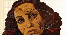 a painting of a woman's face with words written all over the entire image