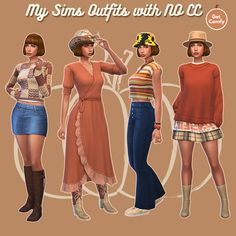 three women wearing different outfits and hats with the caption my sings outfit with no cc