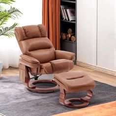 a brown recliner chair and ottoman in a living room with a bookcase behind it