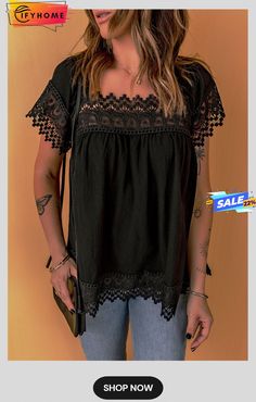 Black Lace Pom Pom Splicing Square Neck Blouse Square Neck, Black Lace, Pom Pom, Square, Lace, Black