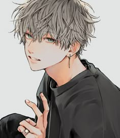 an anime boy with grey hair and piercings on his ears, wearing a black jacket