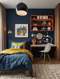 a bedroom with dark blue walls and yellow accents, including a bed in the foreground