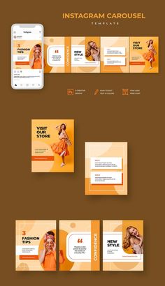 an orange and yellow business card design with the image of a woman's face on it