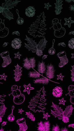 a black background with pink and green christmas doodles