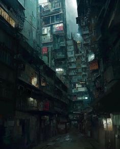 an alley way with lots of buildings in it