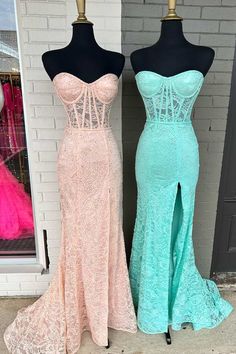 Mint Green Lace Strapless Mermaid Long Prom Dress with Slit Seafoam Prom Dress, Bright Green Prom Dress, Mint Prom Dresses, Mint Prom Dress, Teal Prom Dresses, Prom 23, Mint Green Prom Dress, Prom Dress Pictures, Junior Prom