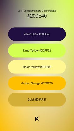 Split–Complementary Color Palette Violet Dusk #200E40 · Lime Yellow #D2FF52 · Melon Yellow #FFF68F · Amber Orange #FFBF00 · Gold #D4AF37