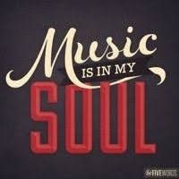 the words music is in my soul on a black background with red and white lettering