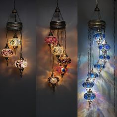 three different types of lights hanging from the side of a wall in various shapes and sizes