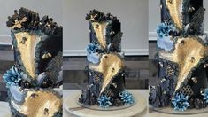 three pictures of a cake with gold and blue decorations