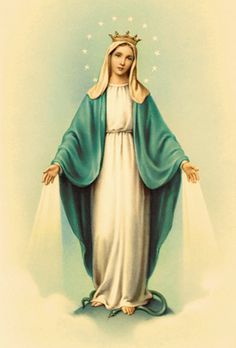 the immaculate mary in blue and white with stars on her head, standing against a cloudy sky