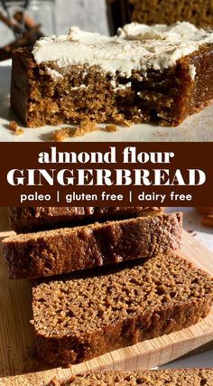 sliced loaf of gluten - free gingerbread cake on a cutting board with text overlay