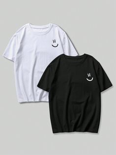 2pcs Men Casual Smiling Face Printed Round Neck Short Sleeve T-Shirt, Boyfriend Gift, For Work Black and White Casual  Short Sleeve Fabric Cartoon  Slight Stretch  Men Clothing, size features are:Bust: ,Length: ,Sleeve Length: Black Crew Neck T-shirt With Smiley Face, Black Smiley Face Crew Neck T-shirt, Black Crew Neck Top With Smiley Face, White Crew Neck Top With Smiley Face, Black Smiley Face Crew Neck Top, White Smiley Face Crew Neck Top, Smiling Face, Smile Face, Kids Beachwear