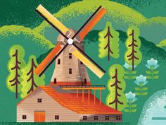 an illustration of a windmill in the woods