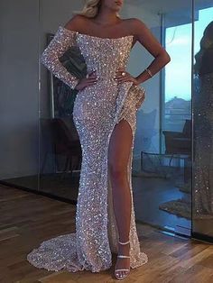 SP2006,Sexy white sequin prom dresses high split long evening dress one shoulder party dresses · SofieProm · Online Store Powered by Storenvy Green Dress Formal, Red Green Dress, Off Shoulder Long Dress, Robes Glamour, Luxurious Dresses, Custom Prom Dress, Long Sleeve Sequin, فستان سهرة, Mermaid Prom Dresses