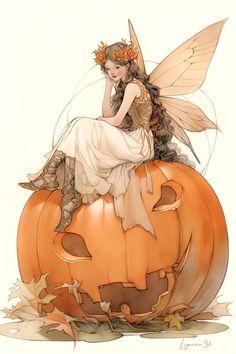 a fairy sitting on top of a pumpkin