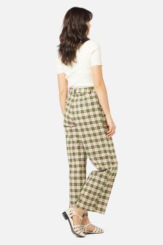 Check high waisted pant- a classically sweet check pant- high waisted fit- straight leg- handy pockets and belt loops- cotton fabric with a little elastane- available in green Product Code: PGFX042 Trendy Plaid Cotton Pants, Plaid Cotton Straight Leg Pants, Plaid Straight Leg Cotton Pants, High Waist Plaid Cotton Bottoms, Plaid Cotton High-waisted Pants, Casual Plaid Bottoms With Belt Loops, Plaid High Waist Wide Leg Pants, Plaid Cotton Pants For Work, Cotton Plaid Pants For Workwear