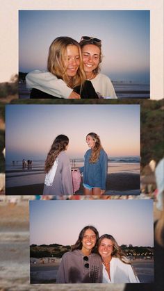 two women standing next to each other on the beach at sunset, and one woman is hugging